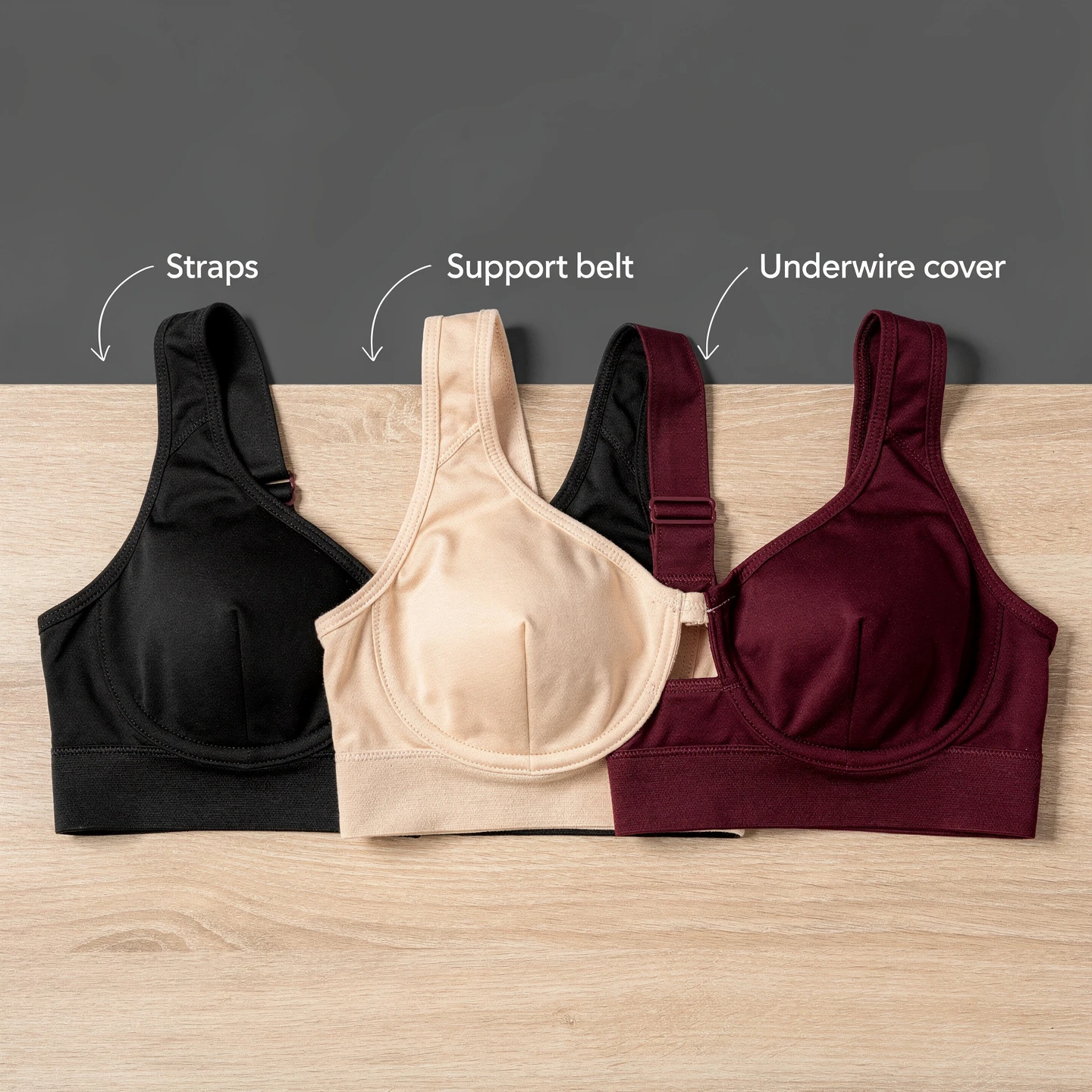 Różne modele biustonoszy odciążających (czarny, beżowy, burgund) ułożone na jasnym drewnie w rzędzie z wyszczególnionymi elementami konstrukcyjnymi: ramiączka, pas nośny, osłona fiszbin, na ciemnografitowym tle