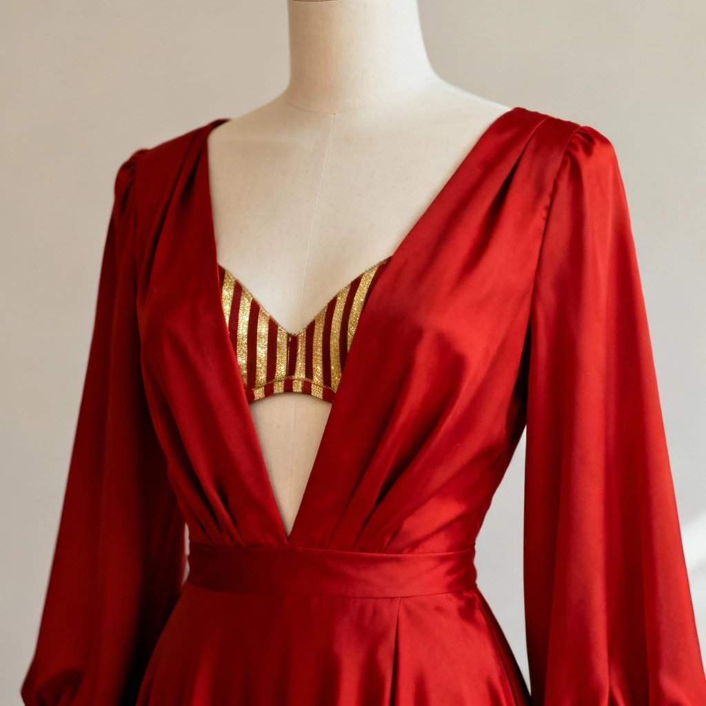 Elegancka czerwona suknia wieczorowa z pogłebionym dekoltem w kształcie litery V odsłaniająca częściowo biustonosz z pionowymi złotymi paskami, manekin bez twarzy na neutralnym tle