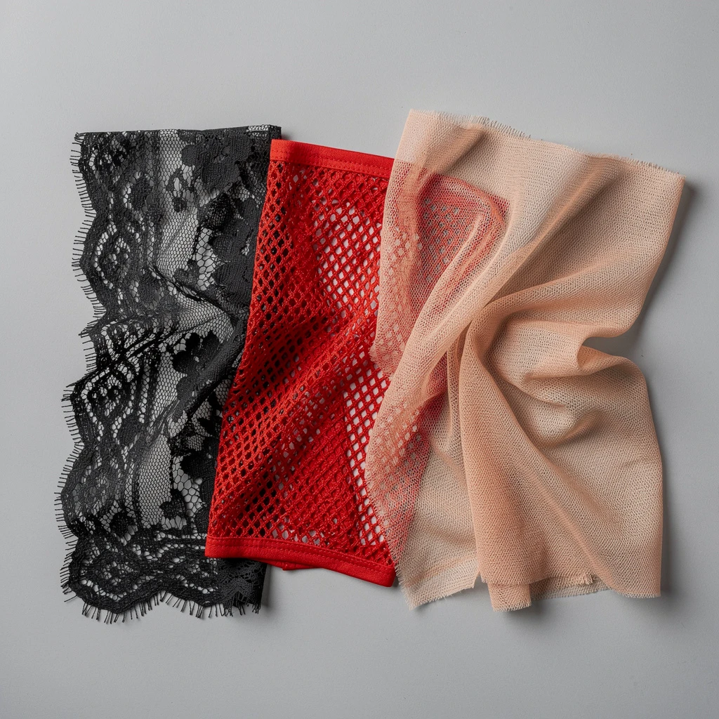 Kompozycja złożona z trzech różnych materiałów: czarna koronka, czerwona siateczka i nude'owy tiul ułożonych warstwowo na jasnoszarym tle, ukazująca różną gęstość, przejrzystość i fakturę tkanin, oświetlona światłem rozproszonym z góry