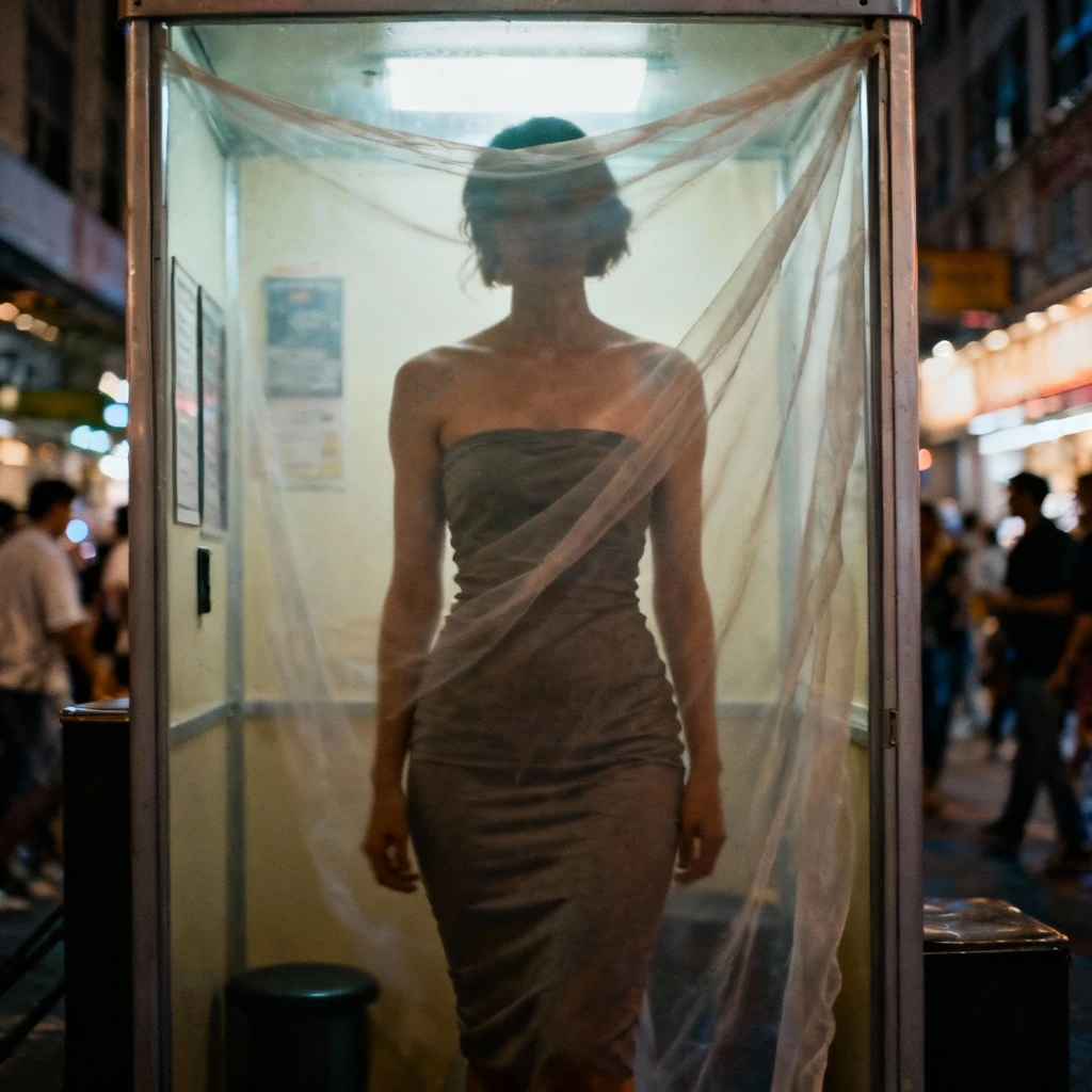 Lekko wyszczuplona na dołu w sukience na ramiaczkach naturalna kobieta z widoczną przez materiał naturalną formą i sylwetką drapowaną czystym materiałem bez elementów optycznych. Kamera głęboka na szeroki kąt i miejskiego tła kabiny zdjęciowej nerwowy warstwowość.