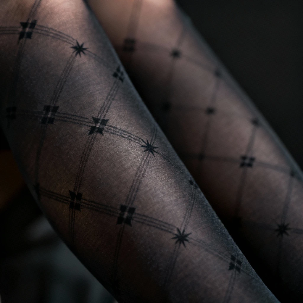 Makro zdjęcie na ciemnym tle prezentujące fragment czarnych rajstop z bardzo subtelnym, delikatnym wzorem w formie geometrycznego, atramentowo-czarnego ornamentu, np. drobnej kratki, dziewięćdziesiętków lub ledwo widocznych gwiazdek. Tkanina rajstop jest matowa, wzór minimalistyczny i elegancki.