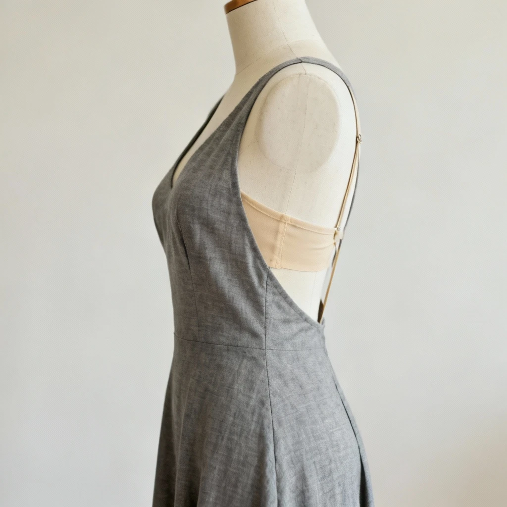 Szara sukienka bez pleców na manekinie, z dyskretnie zamodelowanym biustem przy użyciu beżowej taśmy do biustu. Taśma jest niewidoczna od frontu, widoczna tylko z boku/tyłu jako cienkie paski podtrzymujące. Kadr: 3/4 z boku, studio, jasne tło.