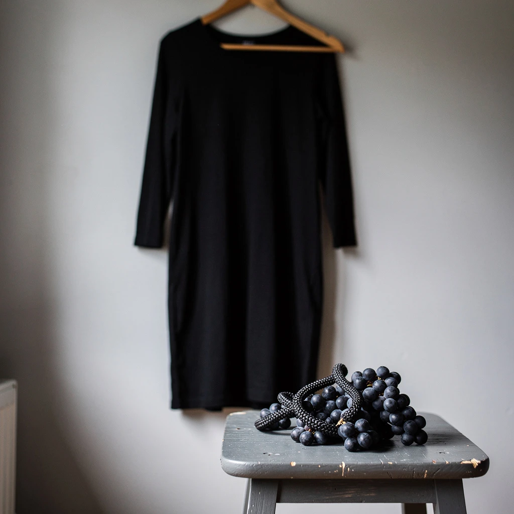 Kompozycja z wiszącą czarną sukienką midi o prostym kroju, ułożone luźno czarne kabaretki z drobnym romboidalnym splotem na szarej drewnianej stolnicę