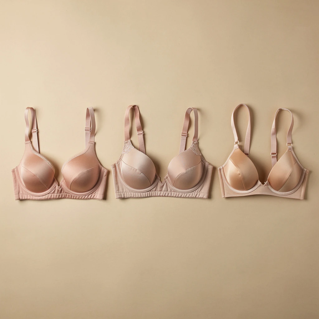 Różne modele staników ustawione w rzędzie: balconette, full coverage, demi cup, plunge, wszystkie w kolorze nude na neutralnym tle