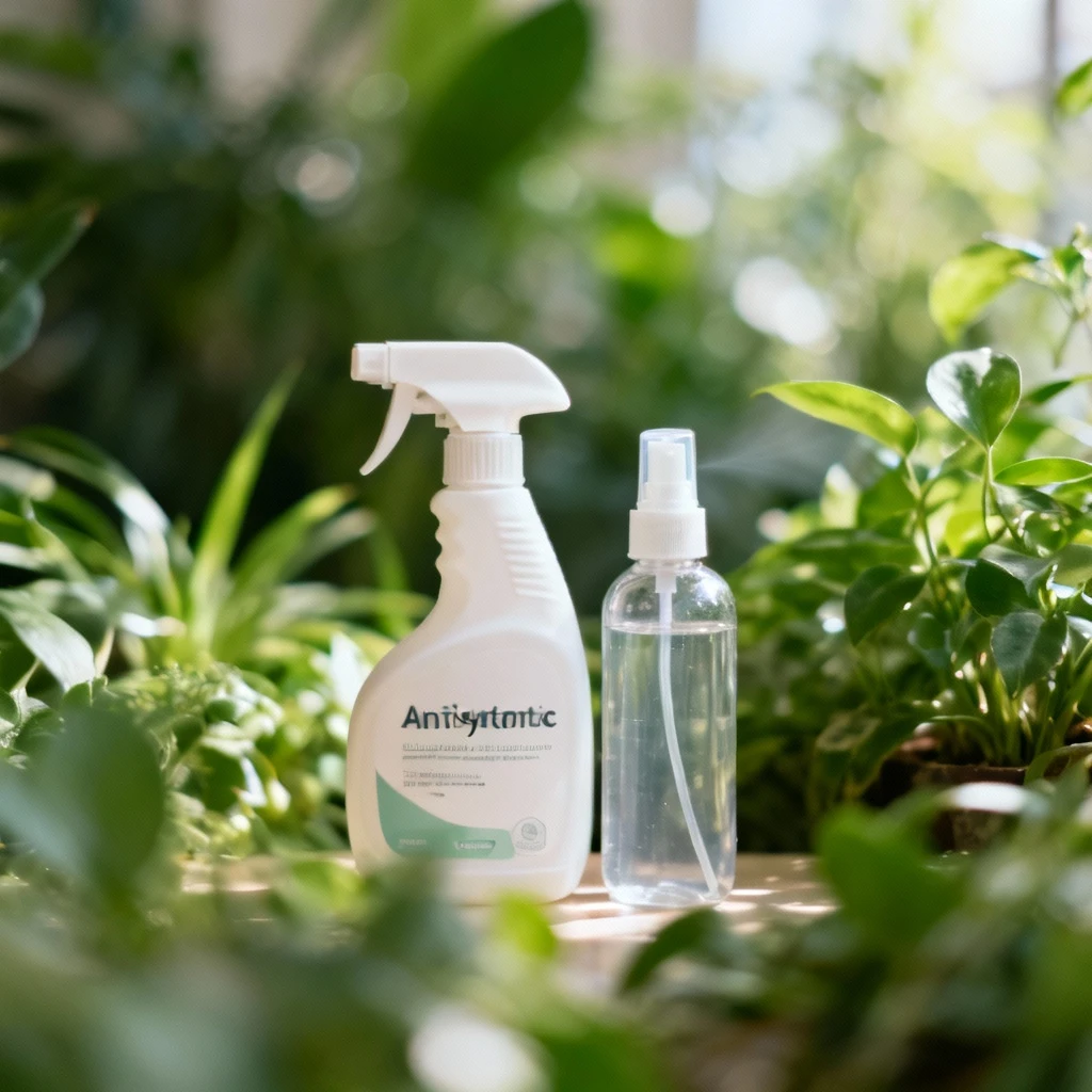 Zestaw produktów antystatycznych: spray, płyn do płukania tkanin i butelka z atomizerem na tle zielonych roślin, płytka głębia ostrości, naturalne światło, kompozycja bokeh w tle