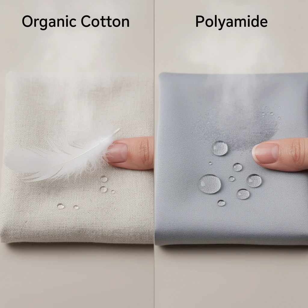 porównanie właściwości materiałów w formie wizualnej: bawełna organiczna vs poliamid z oznaczeniem parametrów przewiewności, chłonności wilgoci i miękkości, kadr średni bez tekstu