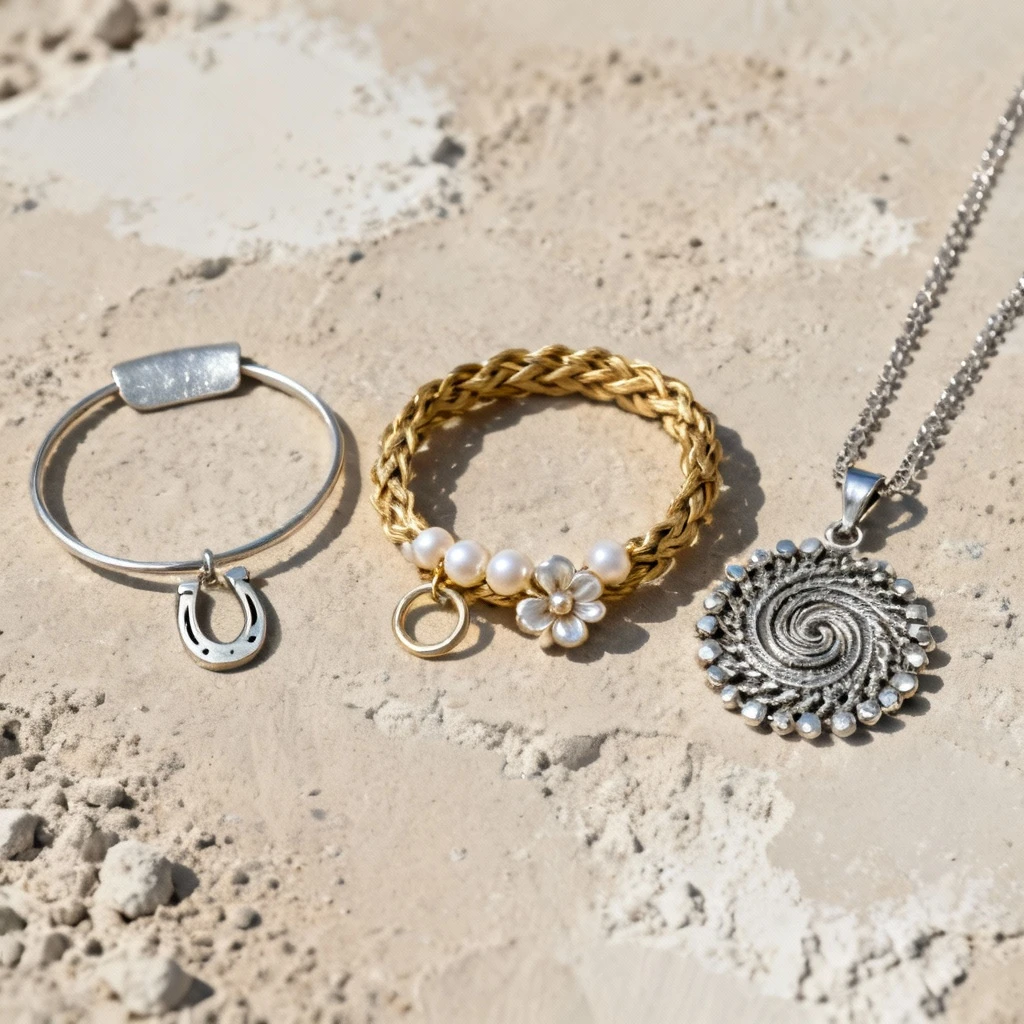 Równoległe ułożenie trzech kompletnie różnych stylów bransoletek modułowych na piaszczysto-kredowym tle. Od lewej: minimalistyczny: srebrna podkładka z jednym wyrazistym charmsem podkowy; klasyczny: splot złocony o średniej gęstości wypełnienia koralikami imitującymi perły i kółeczkami-kwiatuszkami; rozbudowany: wirowa spirala małych silver/formalowych elementów na srebrnym karkasie. Kadr: pod kątem 45 stopni, uwidaczniające fakturę materiałów i głębię kompozycji.