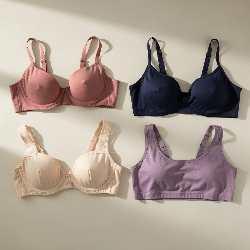 A beautifully arranged set of different types of bras (balconette, sports, t-shirt) on a light surface, top-down view, aesthetically pleasing composition