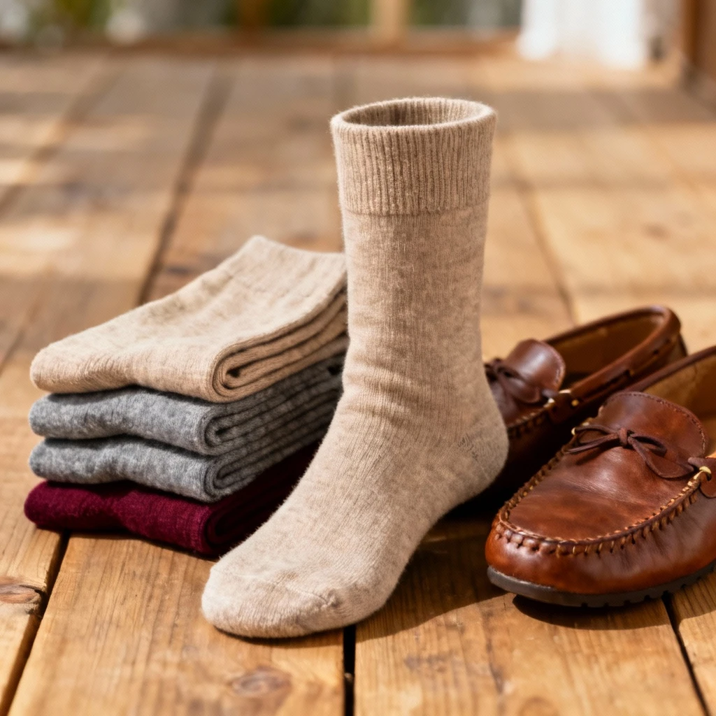 Zestaw kilku par skarpetek do połowy łydki w różnych stonowanych kolorach (beż, szary, bordowy) złożonych w kostkę obok brązowych skórzanych mokasynów męskich, układ na drewnianym tle, jasne światło, płytka głębia ostrości