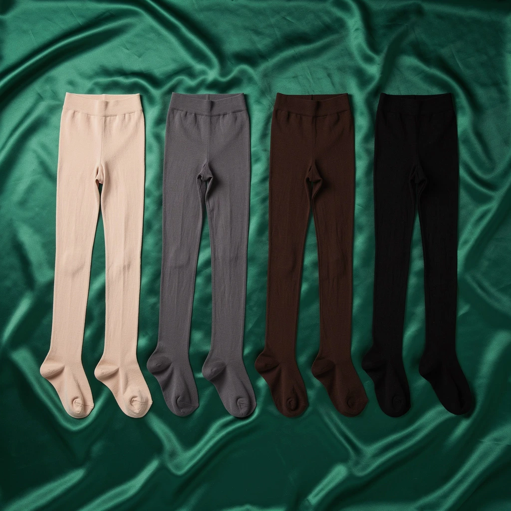 Kompozycja czterech par rajstop rozłożonych na tle zielonej jedwabnej tkaniny. Kolory: nude, antracyt, ciemny brąz, czarny. Kadr: z góry, równomierne oświetlenie studyjne.