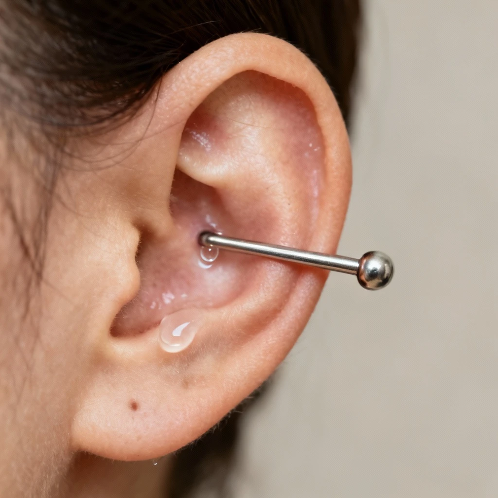 Makro zdjęcie płatka ucha z kolczykiem typu sztanga ze stali chirurgicznej, delikatnie przemywanego solą fizjologiczną. Widać drobną kropelkę przejrzystego osocza, bez oznak infekcji. Kadr ukazuje tylko płatek ucha na neutralnym tle.