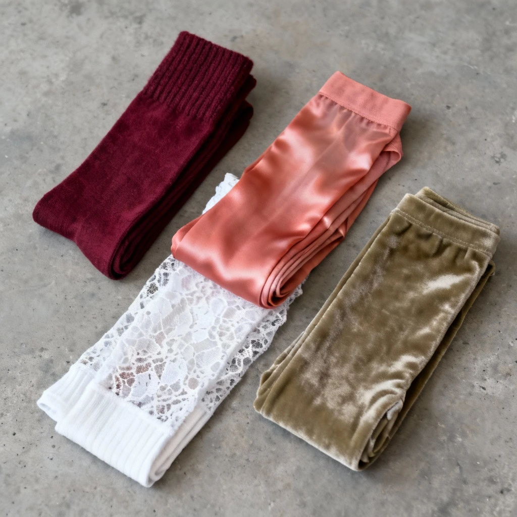 Kolekcja alternatyw: ułożone równolegle grube pończochy wełniane w kolorze burgundu, jedwabne pończochy samonośne w kolorze łososiowym, białe koronkowe getry i aksamitne legginsy w kolorze khaki. Minimalistyczne tło w kolorze szarego betonu, widok z góry