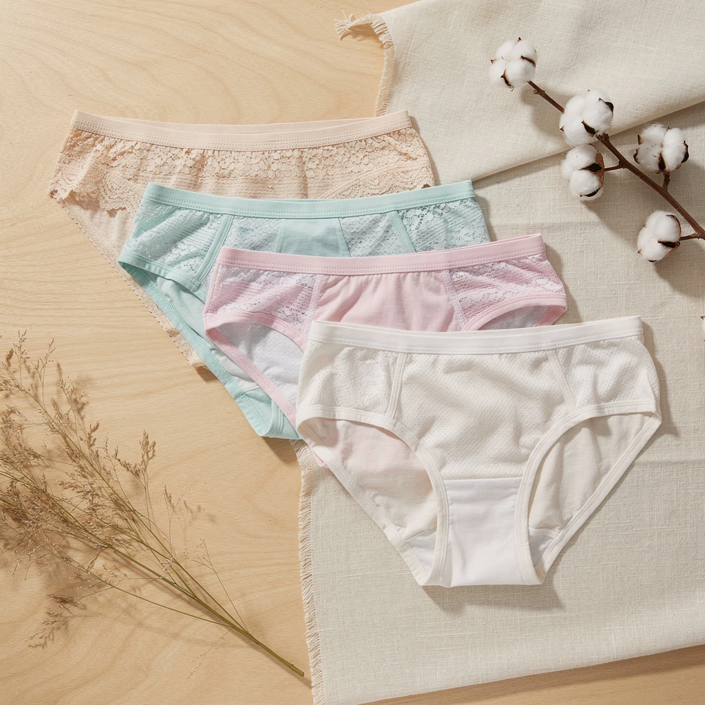 kilka różnych modeli majtek damskich (figi, stringi, hipstery, wysoki stan) ułożonych kaskadowo na jasnym tle z naturalnych materiałów, precyzyjne ogniskowanie na całej kompozycji