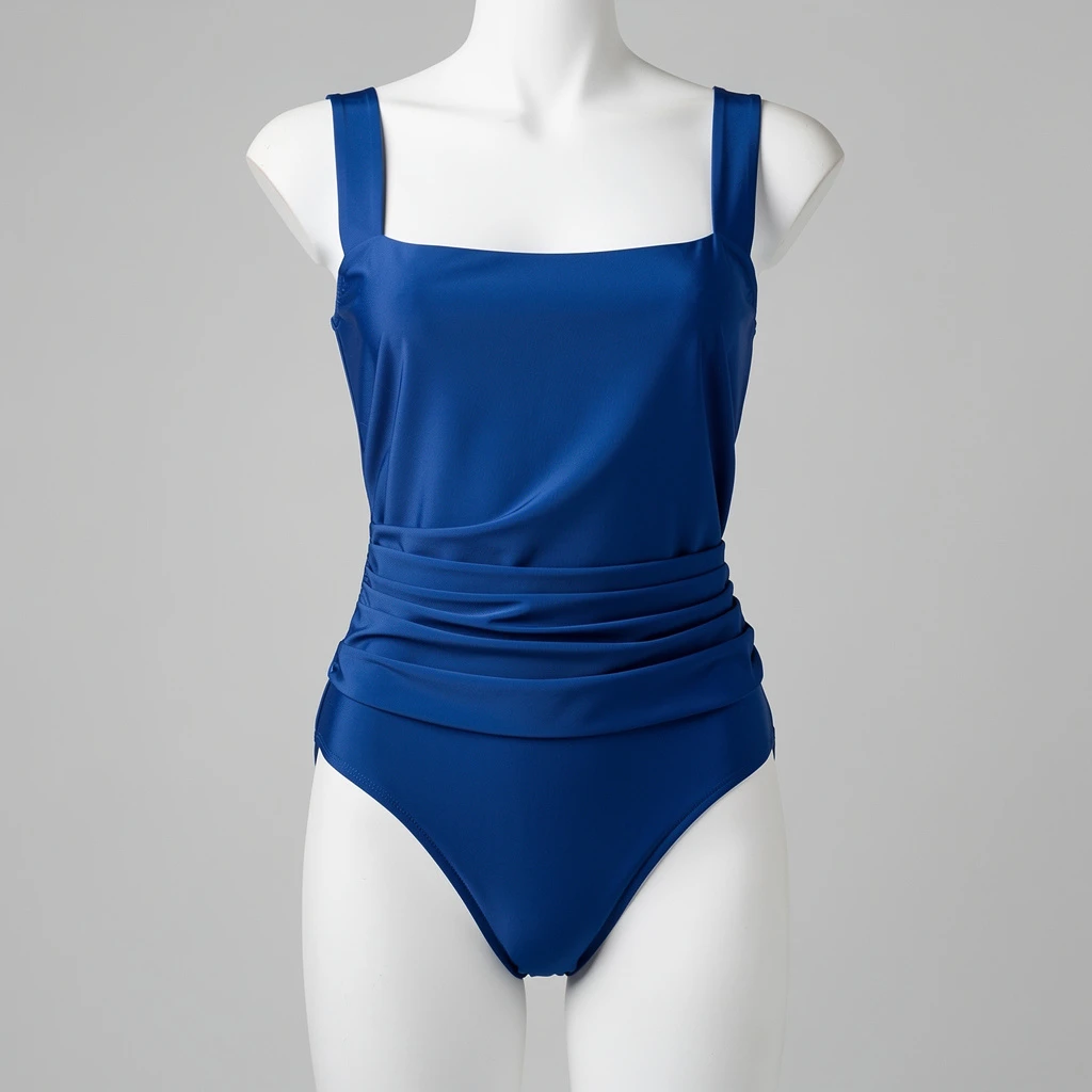 Elegancki jednoczęściowy kostium kąpielowy w kobalcie z pionowym drapowaniem talii i grubymi ramiączkami. Prezentowany na sylwetce manekina, kadr od klatki piersiowej do połowy ud
