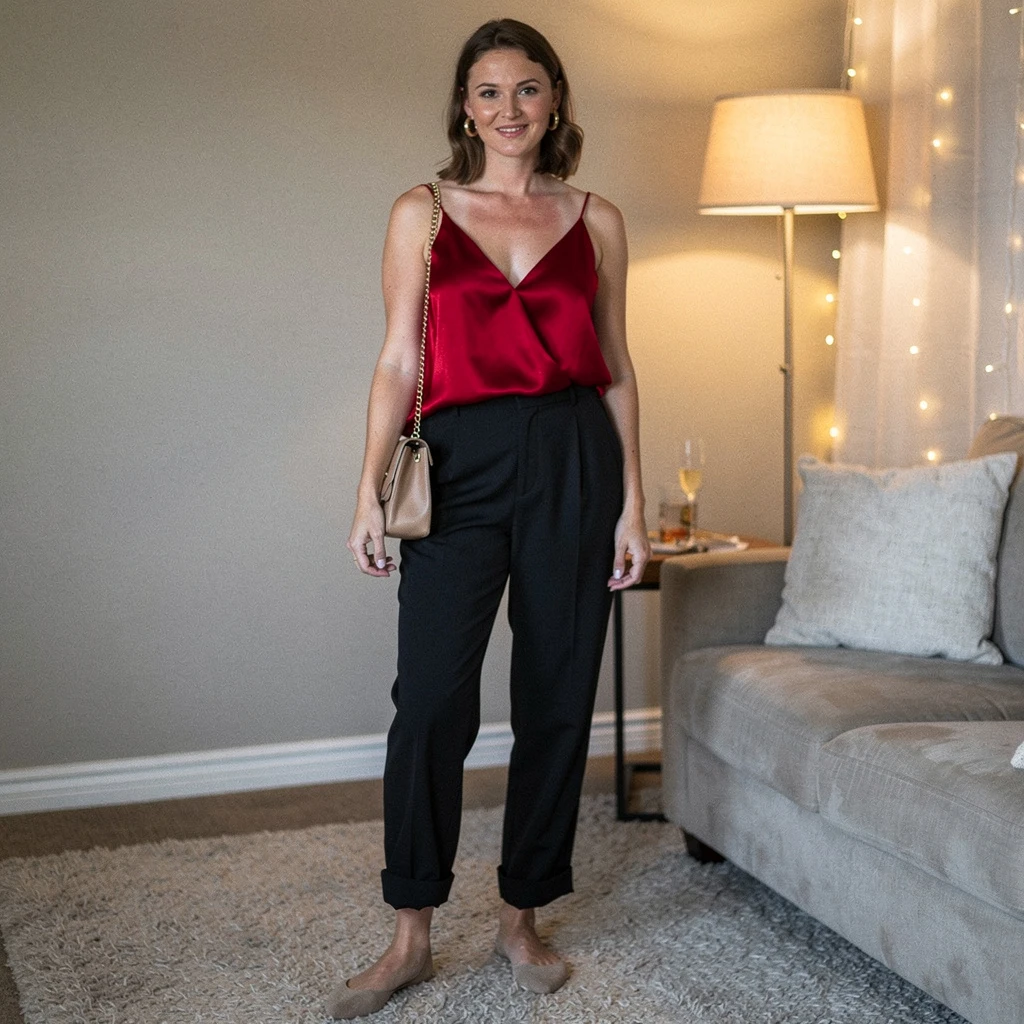 Stylizacja na Sylwestra w domu: Wygodne, ale efektowne połączenie. Czarne, proste spodnie w kant z lekko podwiniętymi nogawkami. Na wierzchu dopasowana, elegancka, czerwona bluzka z dekoltem w serek i cienkimi ramiączkami. Całość uzupełniają subtelne, złote kolczyki-pierścionki i prosta, skórzana torebka na łańcuchu w beżowym kolorze. Tło to przytulne, domowe wnętrze z blaskami światełka ambientowego i widoczną w tle szklanką z szampanem.