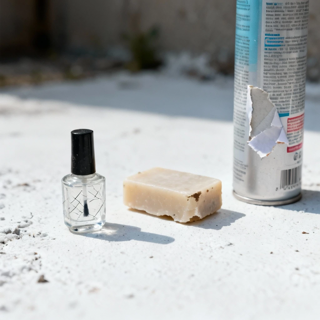 Kompozycja pokazująca podręczny zestaw naprawczy: miniaturowy bezbarwny lakier do paznokci, mała kostka mydła, buteleczka lakieru do włosów na białym podłożu