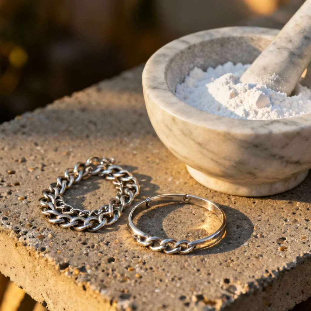 Close-up of silver necklace chain coils and bracelet on textured concrete surface, soft focus on baking soda mixture in marble mortar beside it. Late afternoon natural light emphasizing metallic textures.