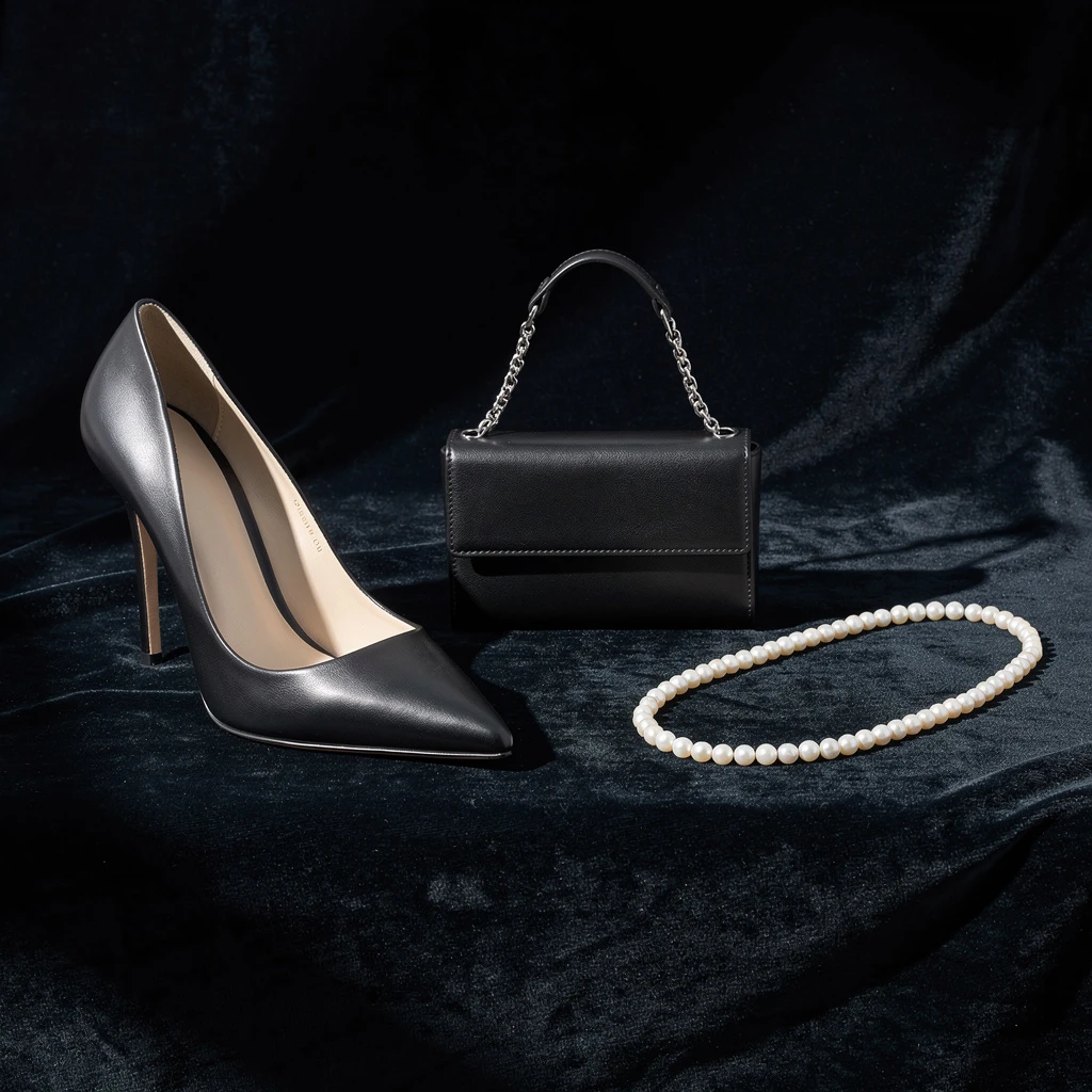 Stylowe, minimalistyczne dodatki dla kobiet: para eleganckich szpilek w kolorze czarnym, mała, prosta torebka na łańcuszku oraz delikatny naszyjnik z perłą. Ułożone na ciemnym, aksamitnym tle.