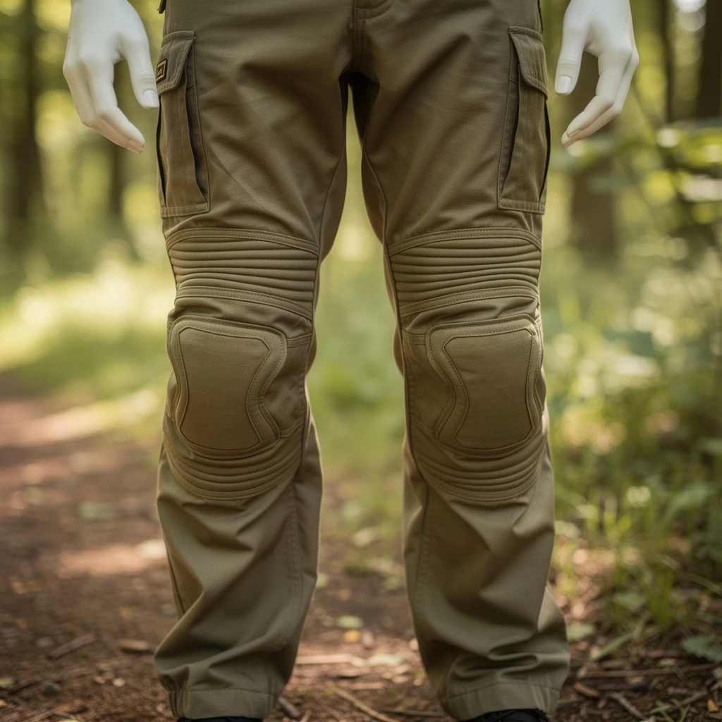 Bliska analiza ochronnego kombinezonu paintballowego w kolorze khaki: grubość materiału na biodrach i kolanach, widoczne szwy i wzmocnienia, luźny krój pozwalający na swobodę ruchu. Tło to rozmyty, naturalny teren leśny.