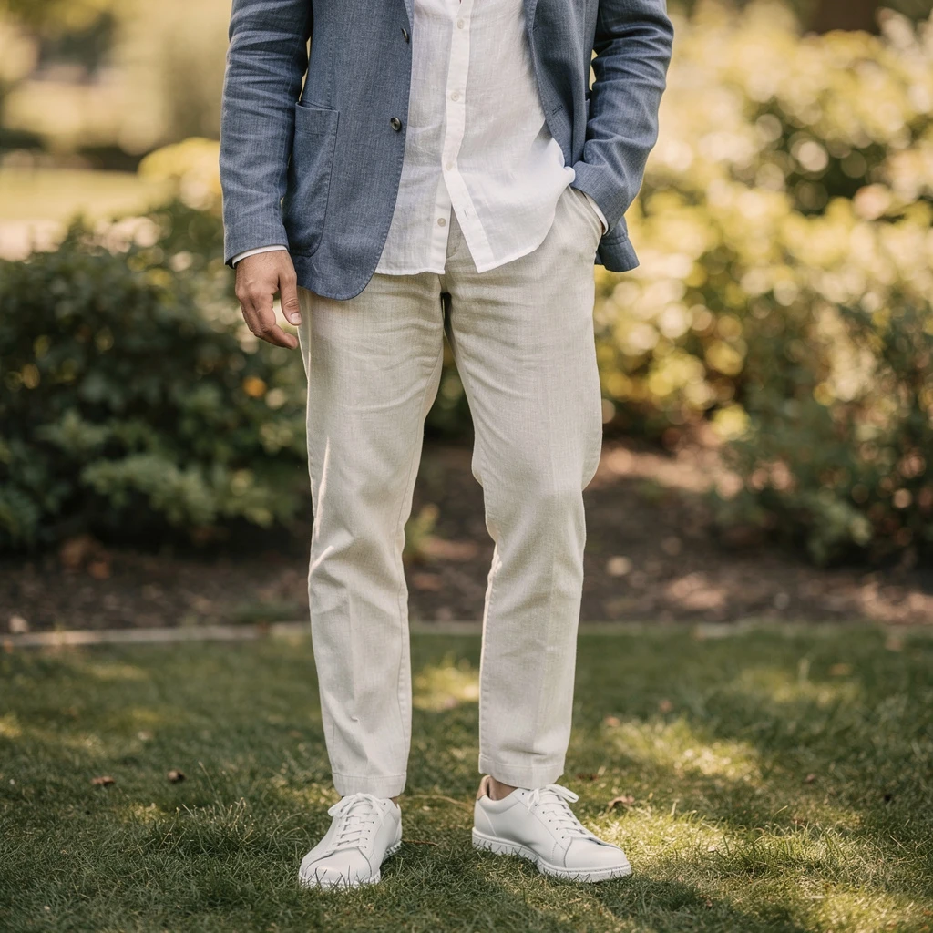 Stylizacja męska na luźniejsze spotkanie plenerowe. Mężczyzna (widziany od kolan w górę, bez twarzy) ubrany jest w jasne, lniane spodnie chino z kantem. Do tego zakłada prostą, białą, bawełnianą koszulę z długim rękawem, lekko rozpiętą. Stylizację uzupełnia lekka, granatowa marynarka z lnu, zapięta na jeden guzik. Na stopach znajdują się białe, skórzane sneakersy w prostym, eleganckim stylu. Tło to naturalne, zielone otoczenie z delikatną trawą i krzewami.