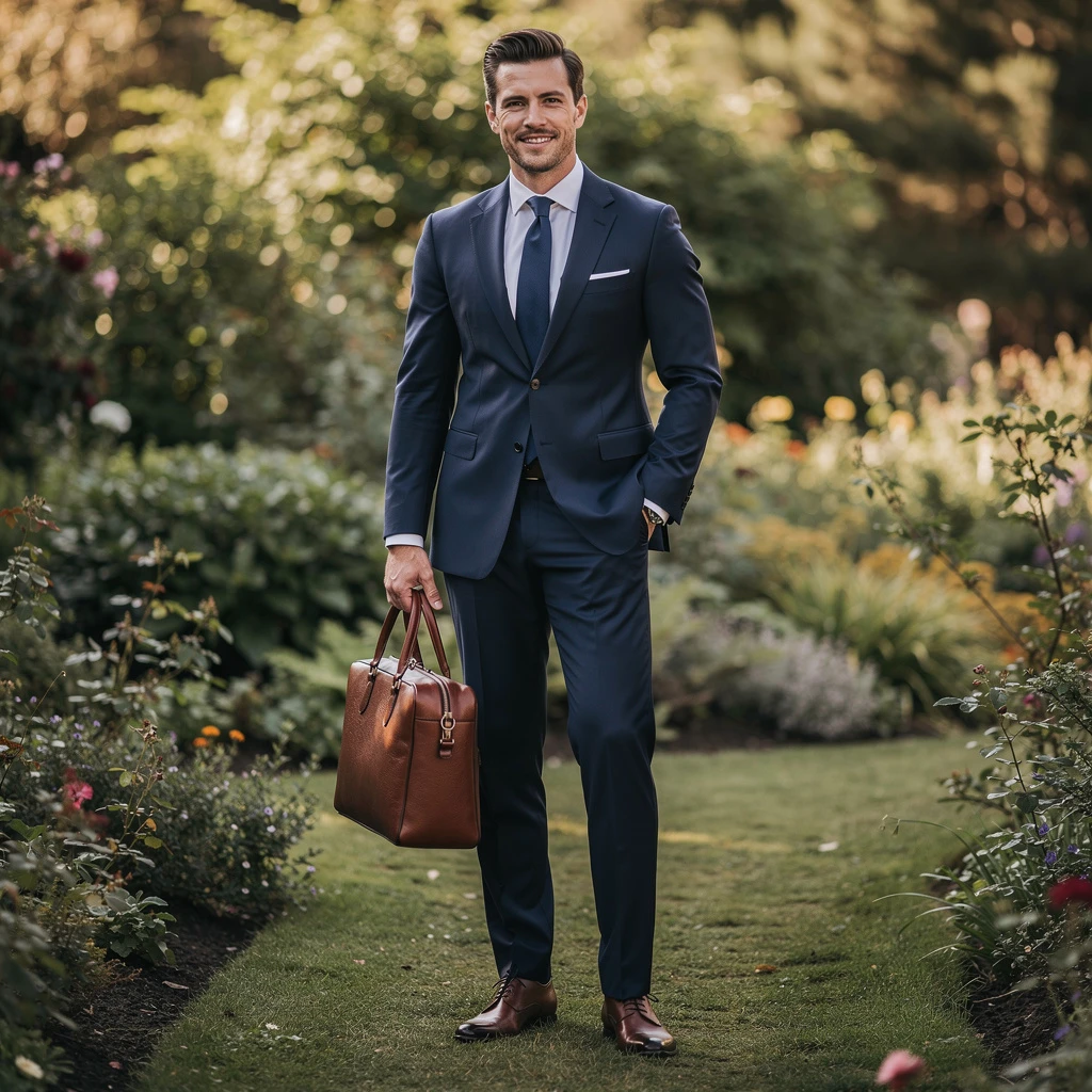 Elegancki mężczyzna w dobrze dopasowanym, granatowym garniturze, białej koszuli z długim rękawem i granatowym krawacie, stojący w ogrodzie, lekki uśmiech, tło - zielenie, miękkie światło, detal - skórzana torba w tym samym odcieniu co buty