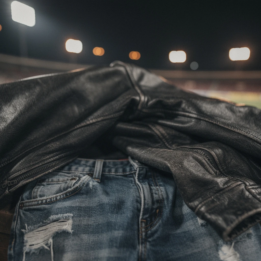 Skórzana kurtka w ciemnym odcieniu, leżąca na parze klasycznych jeansów z przetarciami. Na zdjęciu skupione są na fakturze skóry i denimu, w tle rozmyte światła stadionu.