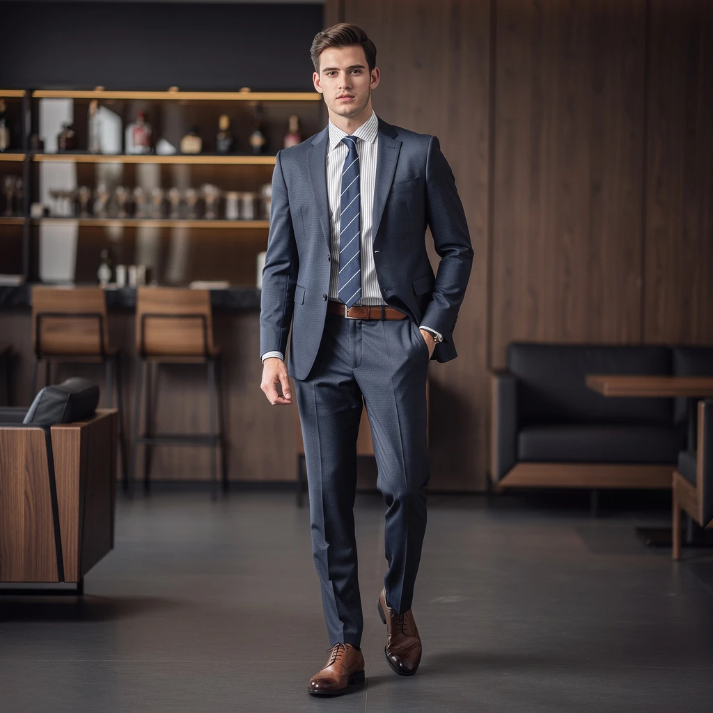Męska stylizacja na osiemnastkę: dobrze skrojony, granatowy garnitur w drobny wzór. Koszula w białym kolorze z cienkimi paskami, granatowy krawat w pasy, skórzane, eleganckie buty w kolorze brązowym. Tło to męski, nowoczesny lokal z drewnianymi detalami i miękkim oświetleniem.
