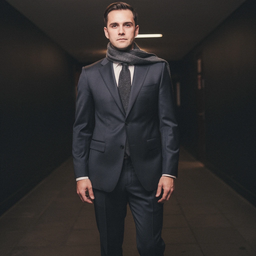Męski, klasyczny garnitur w odcieniu głębokiej, matowej czerni lub granatu. Koszula w stonowanym, jasnym kolorze (biel, écru) lub ciemnym, lecz nie identycznym jak garnitur. Krawat w stonowanym, ciemnym kolorze (może być z bardzo delikatnym, niemal niewidocznym wzorem). Na wierzchu ewentualnie szalik w pasującym, stonowanym kolorze. Tło to stonowane, mroczne wnętrze, np. korytarz w ciemnych, matowych barwach, z wyraźnym, skupiającym uwagę światłem.
