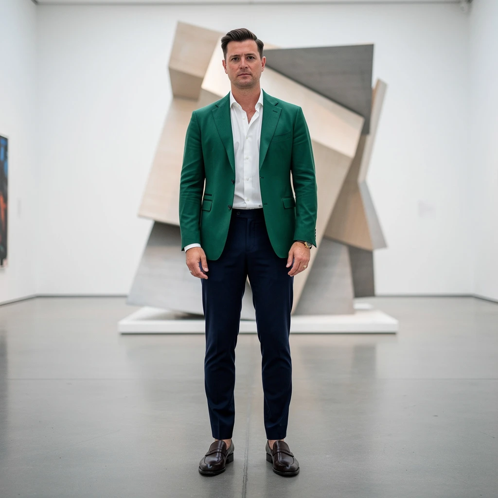 Stylizacja męska na wernisaż: granatowe, wąskie spodnie z dopasowaną, zieloną marynarką. Do tego biała, gładka koszula i skórzane, polerowane loafersy. Tło stanowi nowoczesna rzeźba w galerii, kadrujący widok na całą sylwetkę z lekkim odchyleniem, podkreślającym połączenie kolorystyczne.