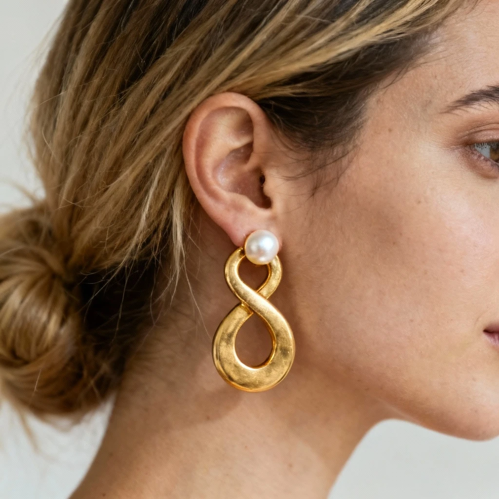 Duże kolczyki w kształcie wyrazistych, złotych ósemek z pojedynczym perłowym akcentem, widoczne na tle nisko upiętych włosów w ciemnym blondzie, widok z boku, ostrość na detale biżuterii