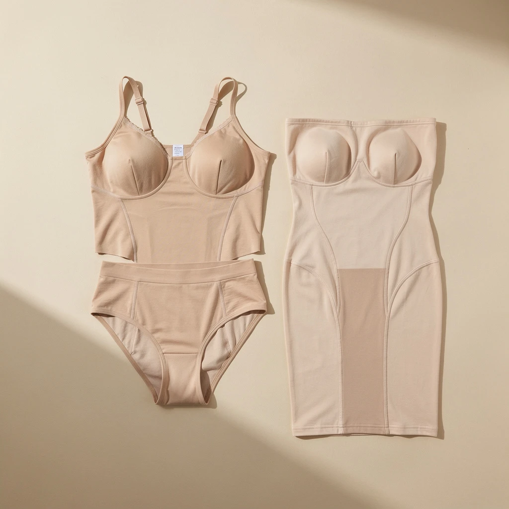 Estetyczny flat lay na jasnobeżowym tle przedstawiający elementy beżowej bielizny modelującej. Widoczne są: bezszwowe majtki figi z wysokim stanem sięgającym ponad pępek (high-waisted), miękkie body modelujące o pełnej długości kończące się w kroku, oraz panelowana półhalka modelująca z wzmocnieniem w części brzusznej. Wszystko ułożone gładko, bez widocznych osób ani kończyn.