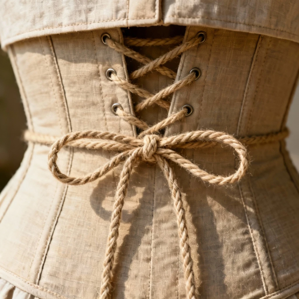 Szczegółowy ujęcie dolnej części gorsetu z zawiązaną podwójną kokardą. Sznurki ułożone idealnie symetrycznie, końcówki schowane pod materiałowym panelem. Kadr skierowany na węzeł zabezpieczający i ukryty splot.