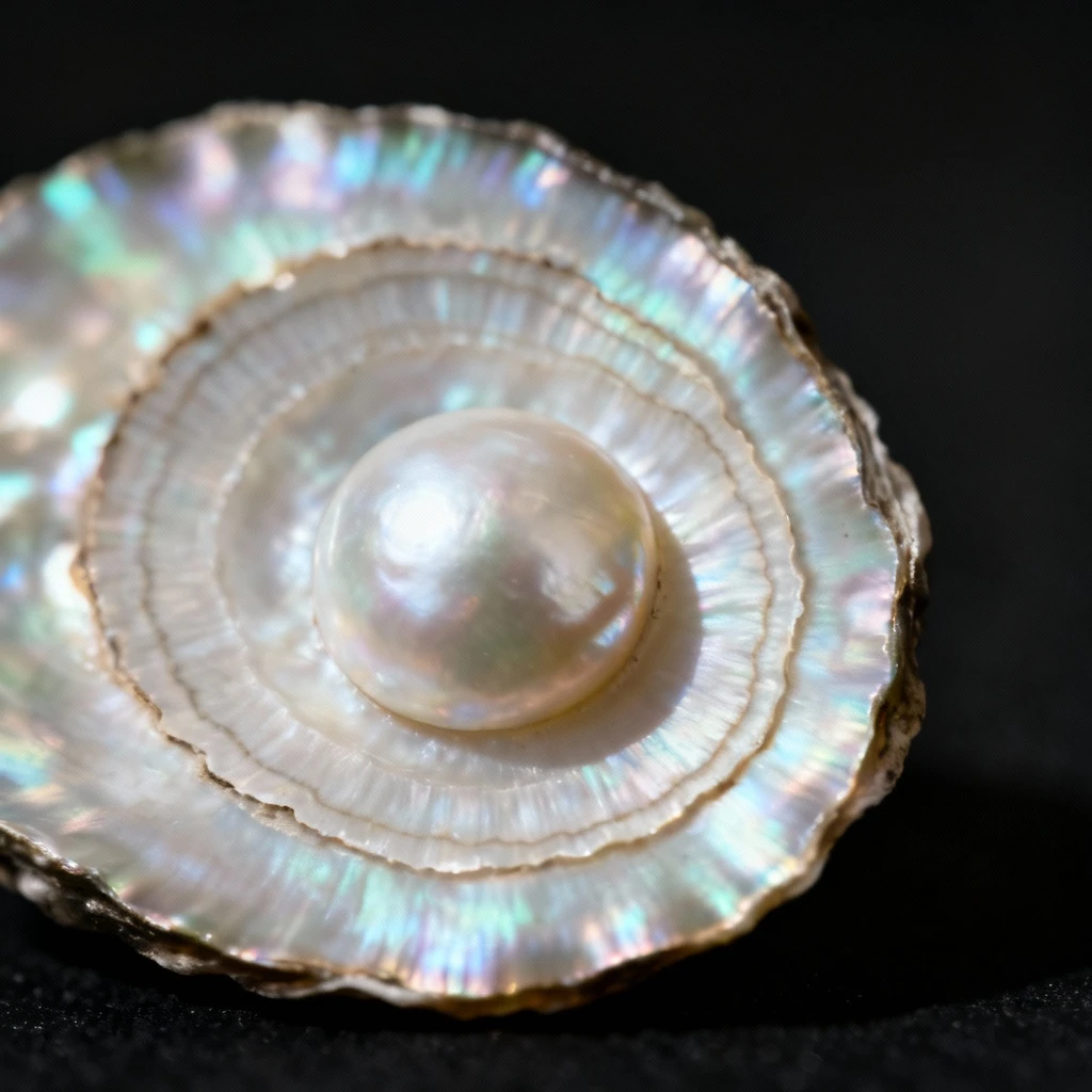 Zbliżenie na przekrój perły hodowlanej z wyraźnie widocznym okrągłym jądrem i koncentrycznymi warstwami masy perłowej wokół. Tło rozmyte, czarne. Oświetlenie boczne wydobywające teksturę warstw. Kadr centralny.