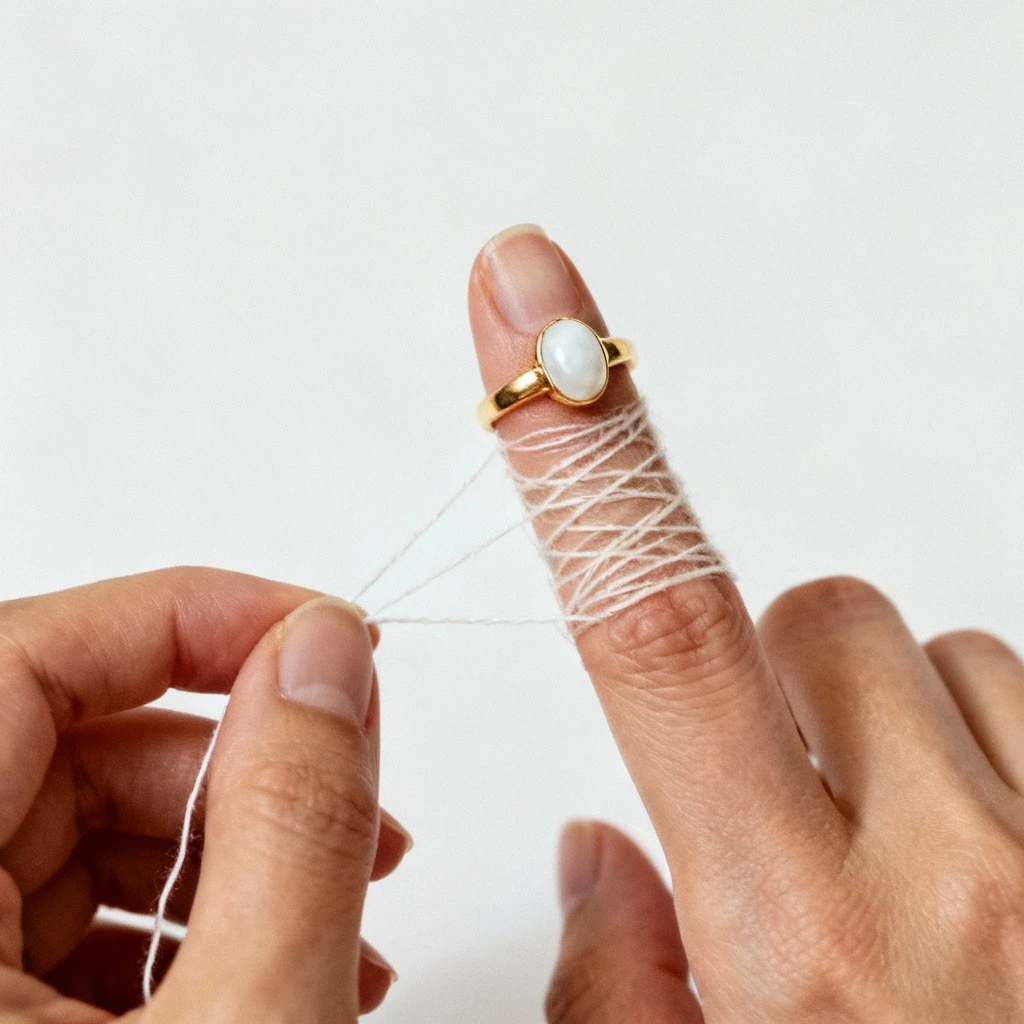 Makrofotografia kobiecych dłoni na białym tle: lewa dłoń delikatnie manipuluje nitką dentystyczną owiniętą wokół spuchniętego palca prawej dłoni, na którym utknął złoty pierścionek z białym kamieniem, ostrość na splot nici