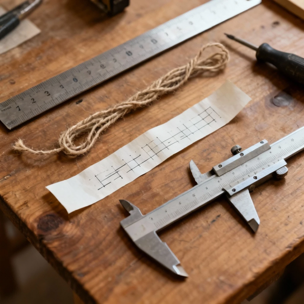 Różne narzędzia pomiarowe ułożone na drewnianym blacie: linijka metalowa, sznurek, pasek papieru z naniesionymi oznaczeniami, suwmiarka. Kadr z góry, ostrość na narzędzia, miękkie oświetlenie.