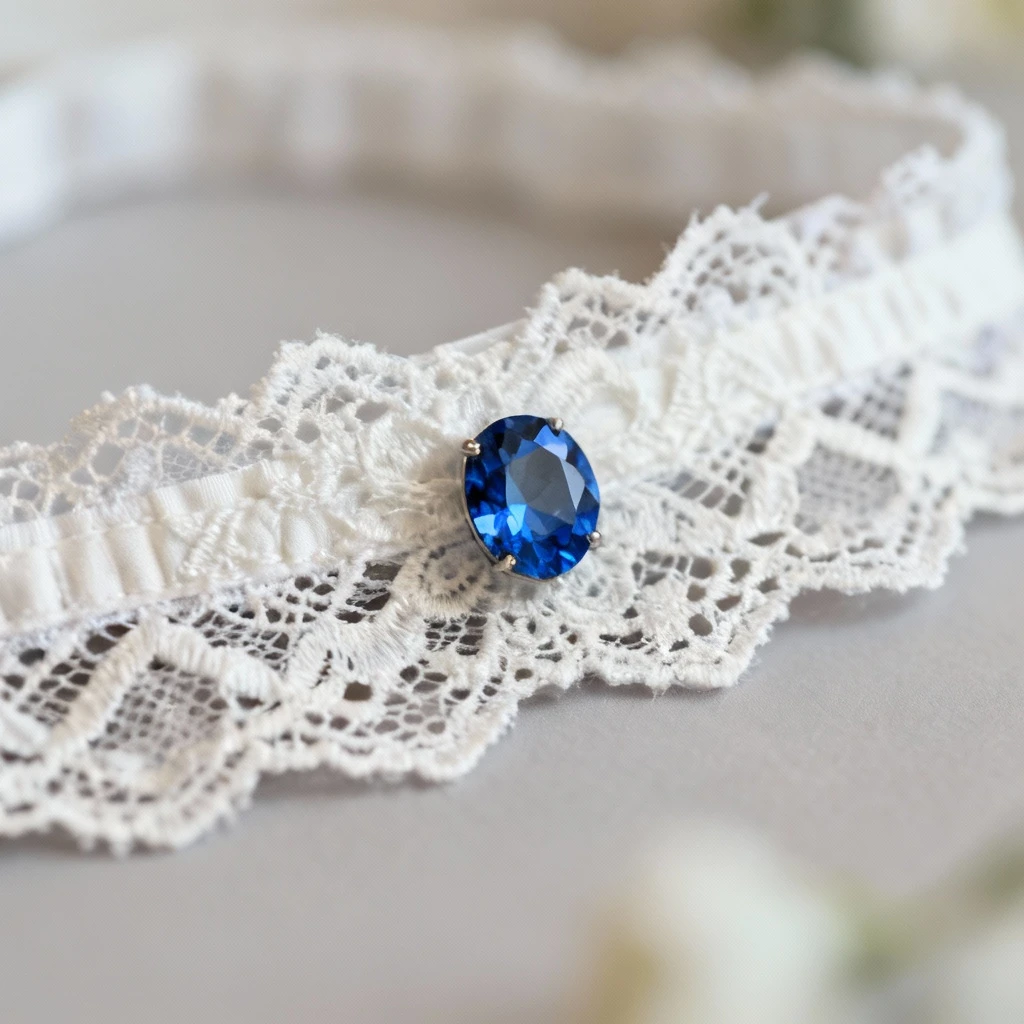 Makro detalu podwiązki ślubnej z koronkowym wzorem i błękitnym kryształowym akcentem, miękkie światło studyjne podkreślające fakturę