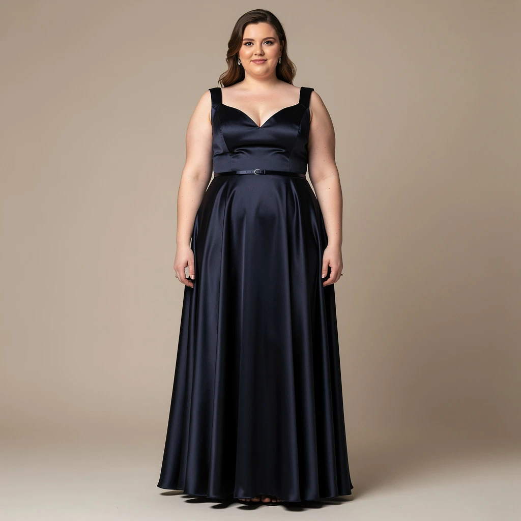 Sukienka wieczorowa dla mamy w rozmiarze plus size. Model ma podkreśloną talię za pomocą delikatnego paska i rozkloszowany dół. Górna część sukienki jest gładka, z dekoltem w szpic. Materiał to ciemny, głęboki granat z delikatnym połyskiem. Skupienie na sylwetce sukienki i jej proporcjach.