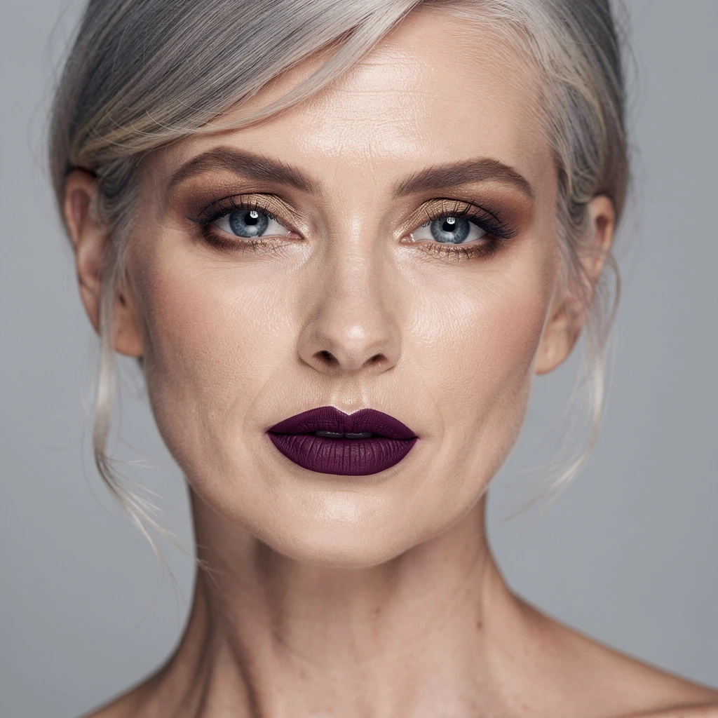 Stylowy makijaż szatynki z niebieskimi oczami: wyraźna, matowa szminka w odcieniu głębokiej śliwki na ustach, subtelny, brązowo-złoty makijaż oczu z lekkim konturowaniem i rozświetleniem. Kadruj: półportret skupiony na twarzy, bez osób w tle, z naciskiem na kolory i faktury kosmetyków.