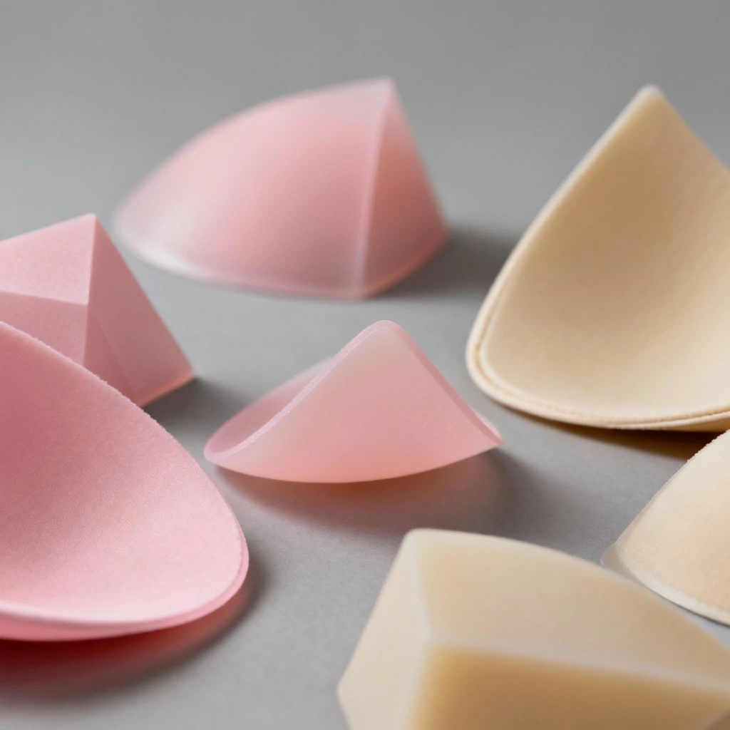 Różowe i beżowe silikonowe części staników samonośnych ułożone w kształt abstrakcji, z wykorzystaniem miękkiego światła i szarawego minimalistycznego tła