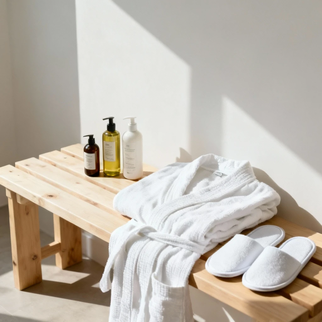 Kompozycja składająca się z białego bawełnianego szlafroka, paru białych klapek basenowych oraz buteleczek naturalnych kosmetyków (olejek, balsam) ułożonych na jasnej drewnianej ławce w jasnym, minimalistycznym wnętrzu. Kadr średnio szeroki.