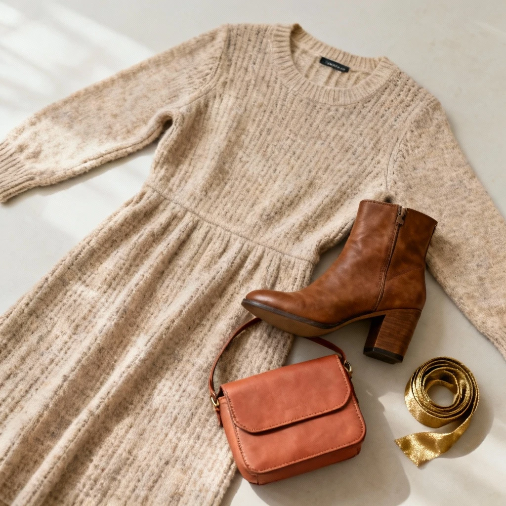 kompozycja stylizacyjna: beżowa sukienka z dzianiny leżąca płasko, obok ustawione brązowe botki na niskim obcasie i mała torebka skórzana w kolorze terakoty, na materiale pasek w odcieniu złota, jasne naturalne tło