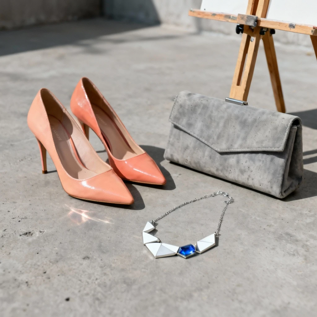 Zestaw dodatków w stylu minimalistycznym: brzoskwinio-łososiowe szpilki, geometryczny naszyjnik z białym złotem bądź niebieskiego topazu, plus oszczędna kopertówka w odcieniu cementowej szarości. Kamera ustawiona na wysokości sztalugi.