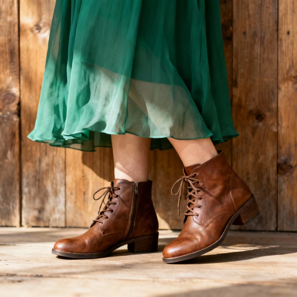 Dolna część stylizacji: zwiewna sukienka w butelkowej zieleni sięgająca do połowy łydki, zestawiona z brązowymi, sznurowanymi botkami na niskim obcasie. Tło stanowi naturalne drewno. Kadr ukazujący od kolan w dół, skupiony na połączeniu faktur i kolorów.