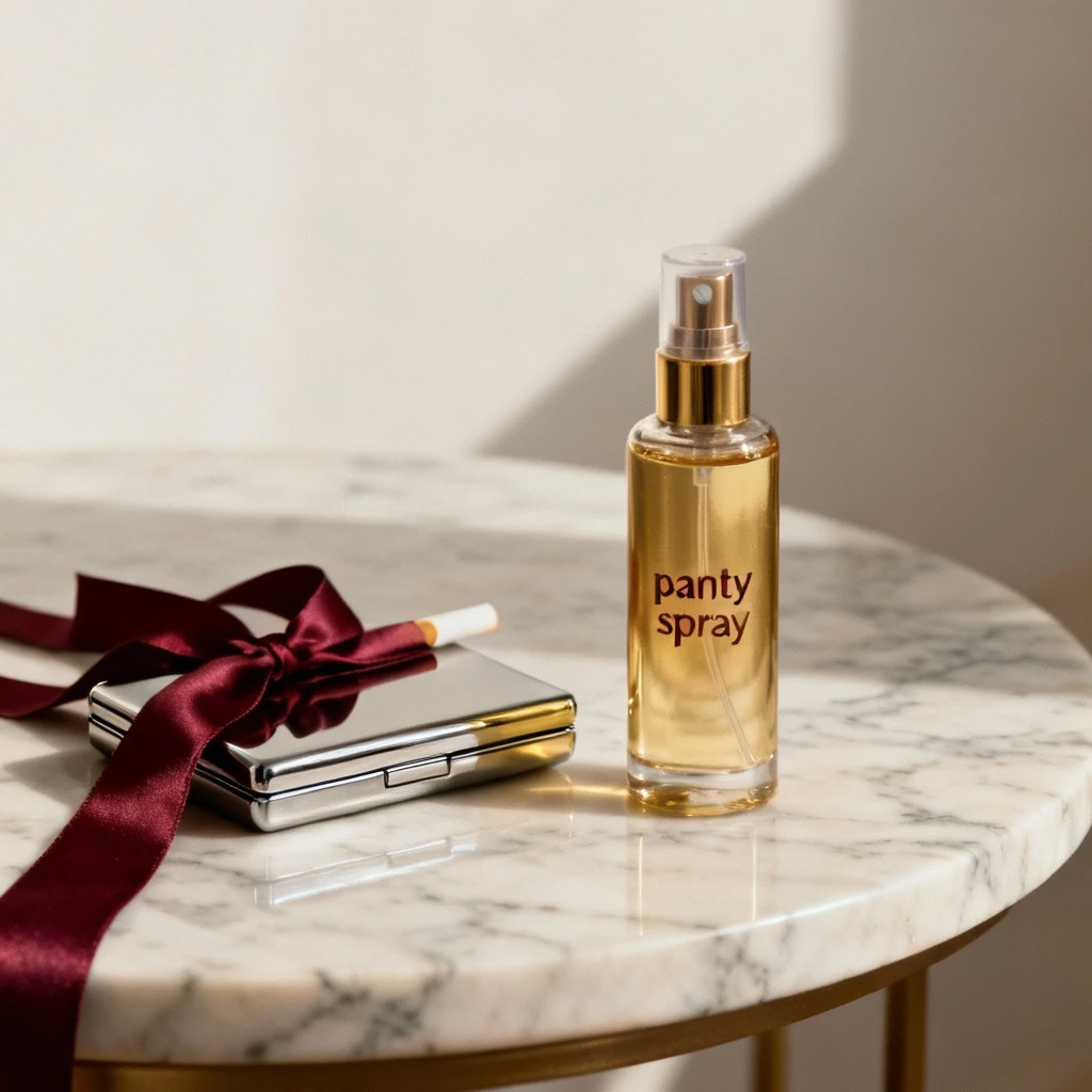 Elegancka szklana butelka aerozolu 'rajstopy w sprayu' w tonacji złotej stojąca na marmurowym blacie obok delikatnie zamkniętej papierośnicy z nowoczesnego metalu i jedwabnej wstążki w kolorze burgundu na minimalistycznym tle