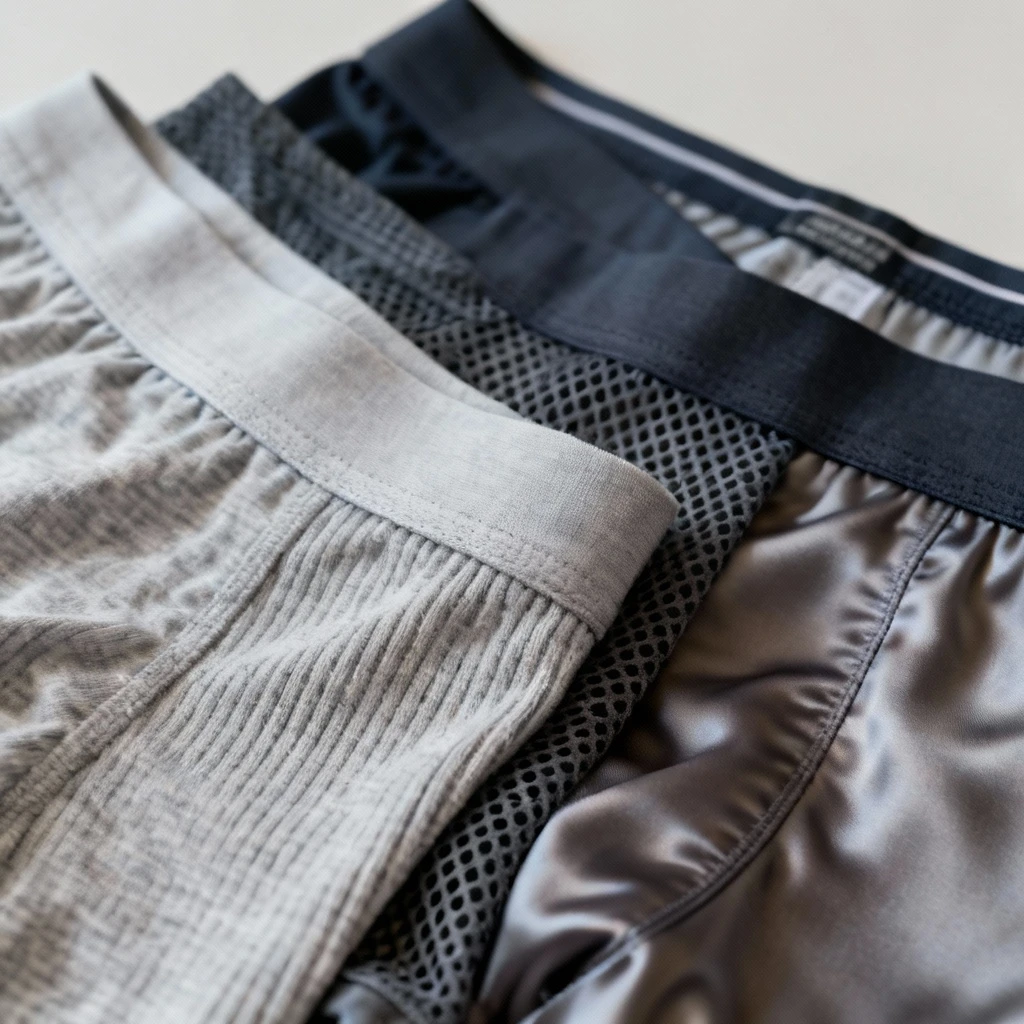 Zbliżenie na różne tkaniny używane w męskiej bieliźnie: gładka bawełna, mięsista dzianina z domieszką elastanu, siateczka sportowa, matowy jedwab. Widok makro, ostrość na fakturę materiału.