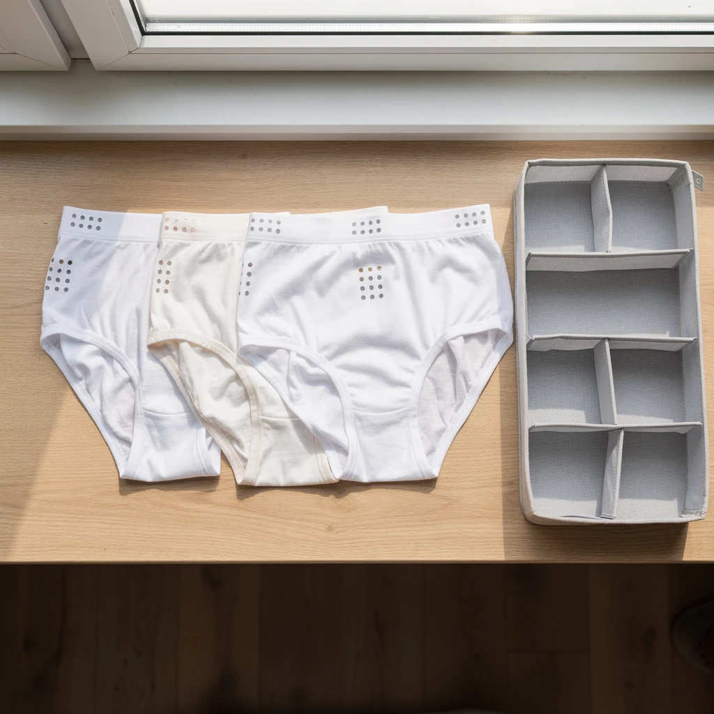 Zestaw czterech par majtek menstruacyjnych ułożonych w rzędzie na drewnianej półce z oznaczeniami chłonności (kropki). Obok leży otwarty szufladkowy organizer z przegródkami. Kadr z góry, jasne naturalne oświetlenie.