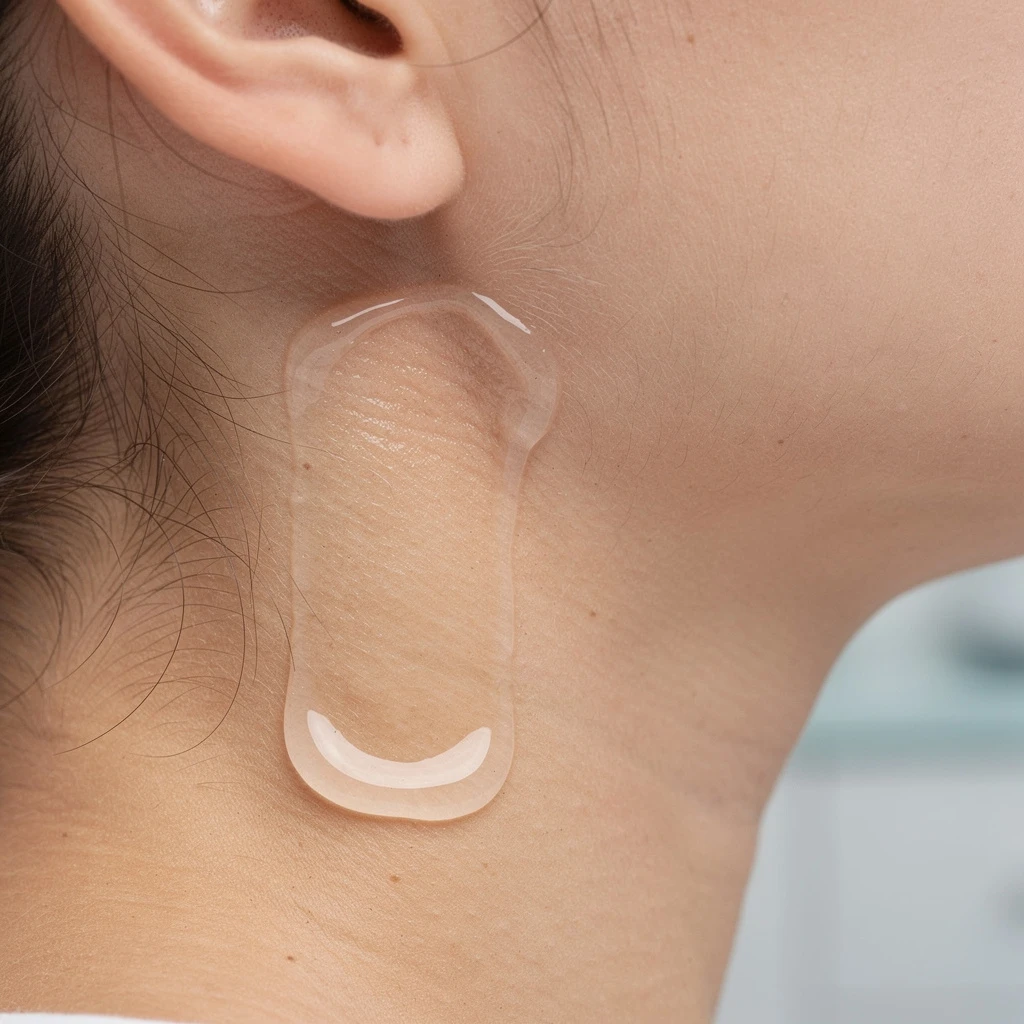 Kadru skóry szyi z aplikacją przezroczystego, żelowanego kremu znieczulającego. Widać gładką konsystencję preparatu rozłożonego równomiernie na obszarze od ucha do linii żuchwy. Tło to sterylne pole zabiegowe, bez osób lub rąk.