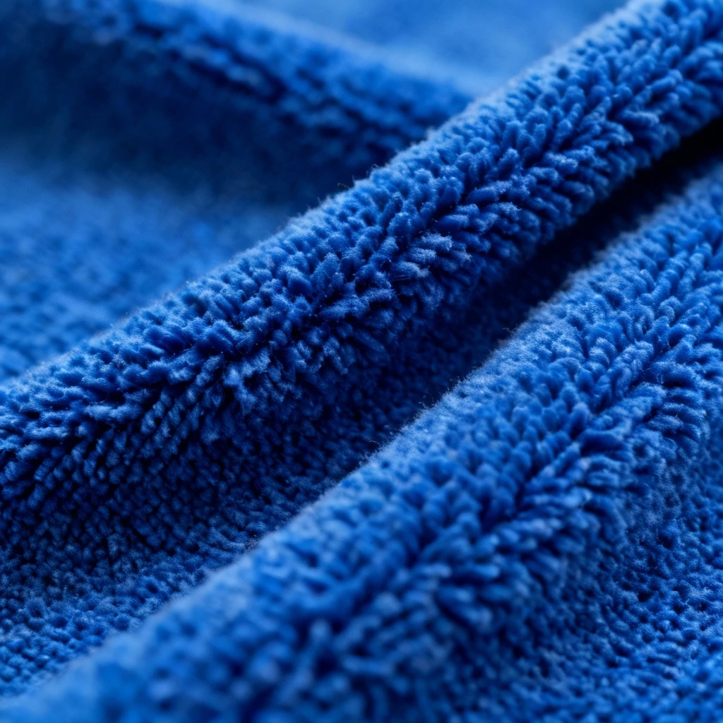 Bardzo bliskie, teksturalne ujęcie fragmentu fakturowanej tkaniny mikrofibrowej w intensywnym, szafirowym kolorze, ukazujące jej miękkość i charakterystyczną strukturę splotu. Kadr: makrodetal.