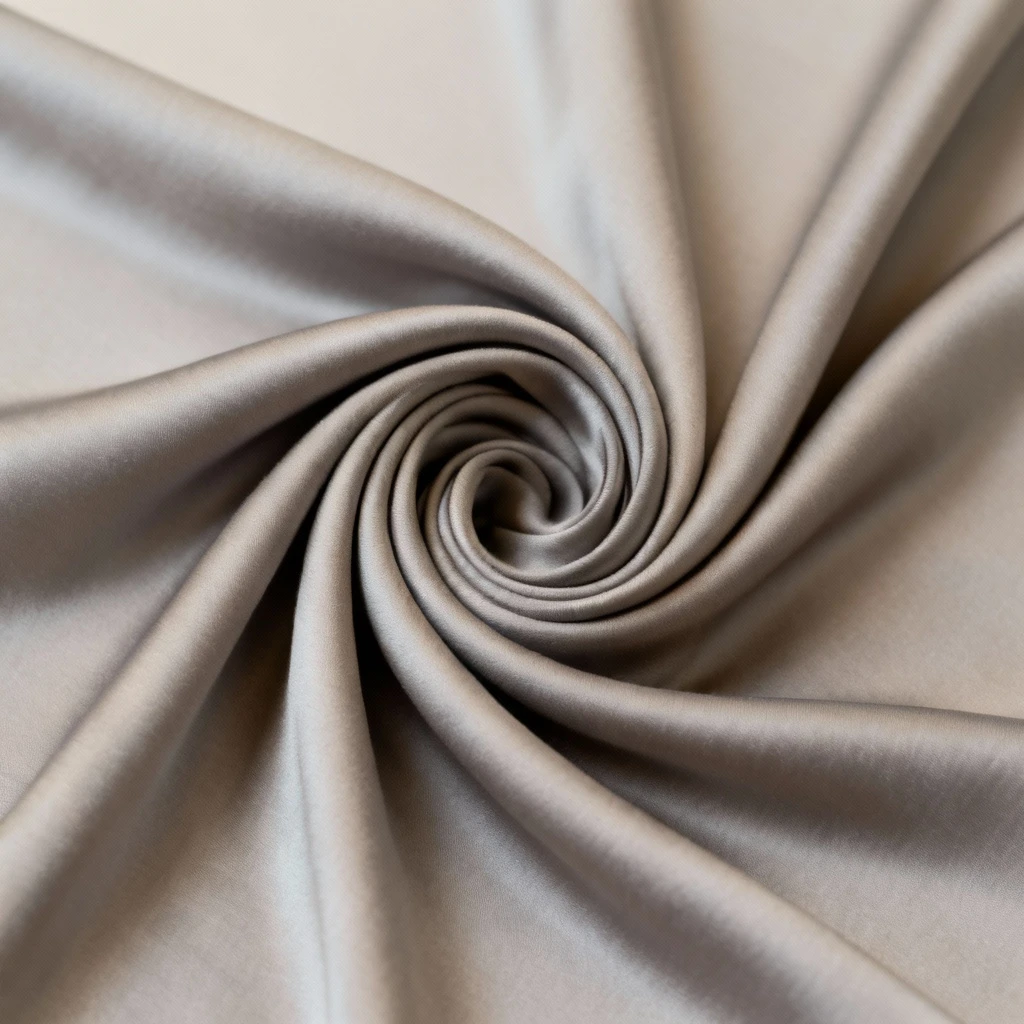Zbliżenie luksusowej, gładkiej, szaro-beżowej tkaniny modal ułożonej w elegancki zwój, wyraźnie widoczne miękkie połyskujące fałdy. Kadr: detal. Blade tło.