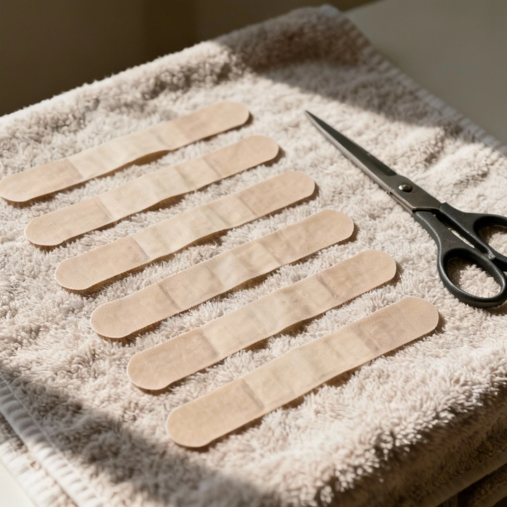 Several precut breast tape strips with rounded corners arranged neatly on a towel alongside scissors